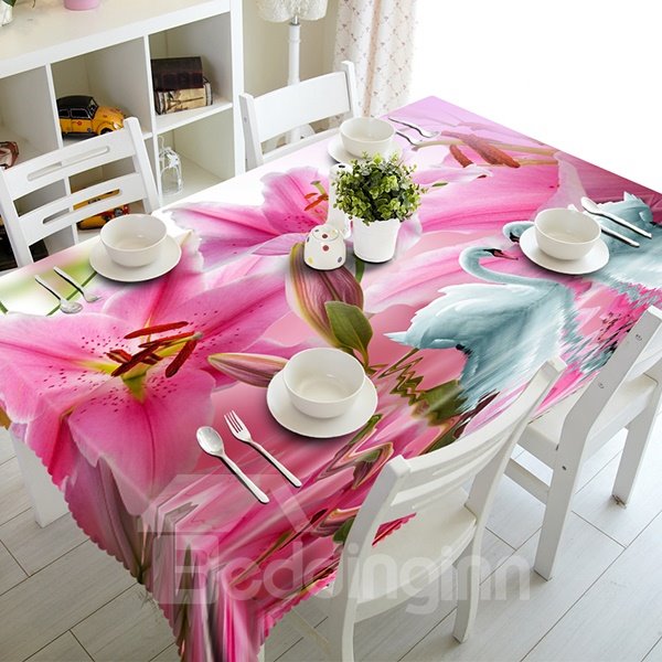 Pink Lily Flowers and Swans Pattern 3D Tablecloth