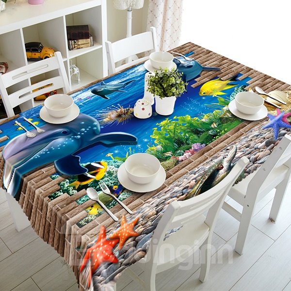 Amusing Broken Wall and Dolphin Pattern 3D Tablecloth