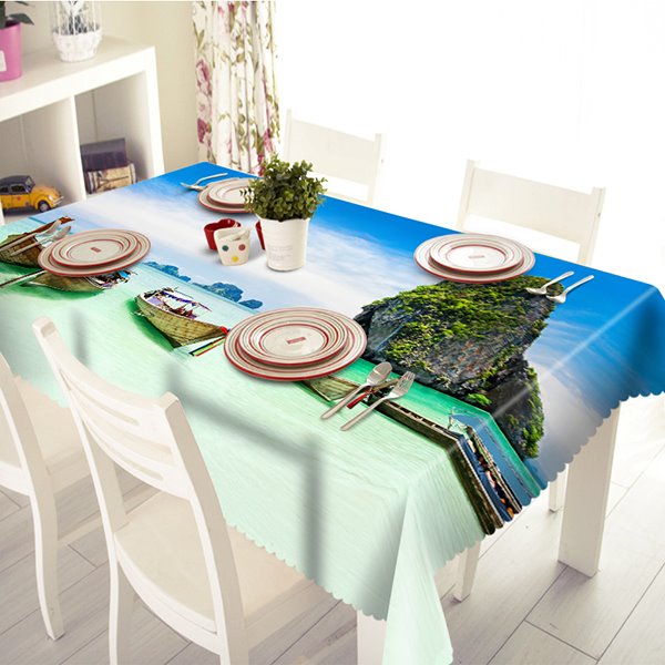 Amazing Seaside Boat and Hill Scenery 3D Tablecloth