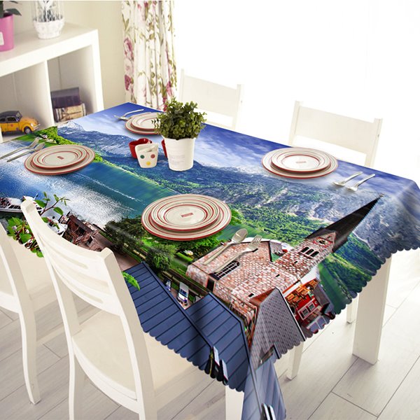 Ancient Building and Lake Scenery Pattern 3D Tablecloth