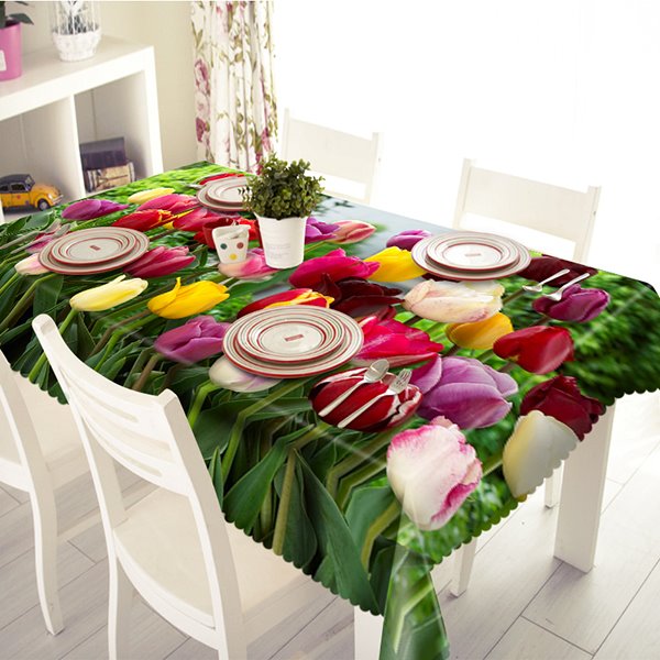 Colorful Tulip Pattern Polyester 3D Tablecloth