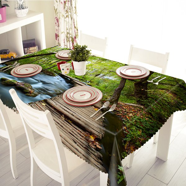 Fresh Polyester Forest and Bridge Scenery Pattern 3D Tablecloth