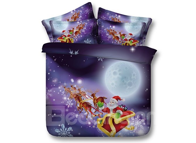 Festal Santa and Sleigh Printed Polyester 4-Piece 3D Bedding Sets/Duvet Covers