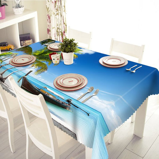 Blue Polyester Fishing-boat and Sea Scenery Pattern 3D Tablecloth