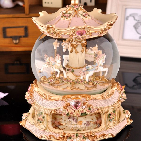 Golden Luxury Carousel Crystal Ball Music Box