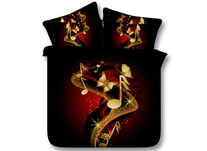 Music Notes and Butterfly Printed Polyester 4-Piece Black 3D Bedding Sets/Duvet Covers