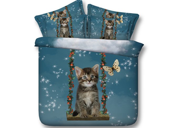3D Cat and Butterfly Animal Print 5-Piece Comforter Set / Bedding Set Polyester