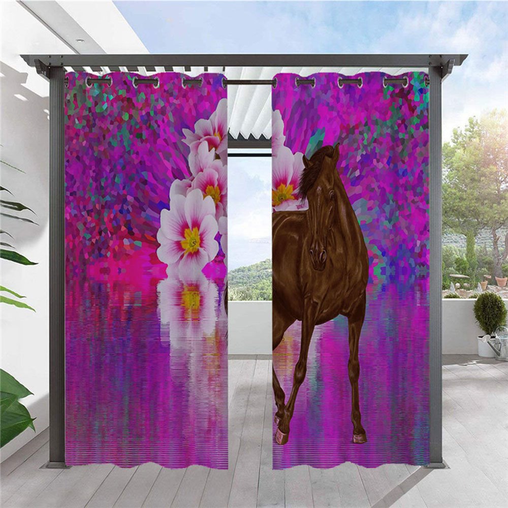Cortinas modernas de flores moradas y caballos para exteriores, cortina superior con ojales en 3D para cabaña de animales, impermeable, a prueba de sol, aislante térmico, 2 paneles