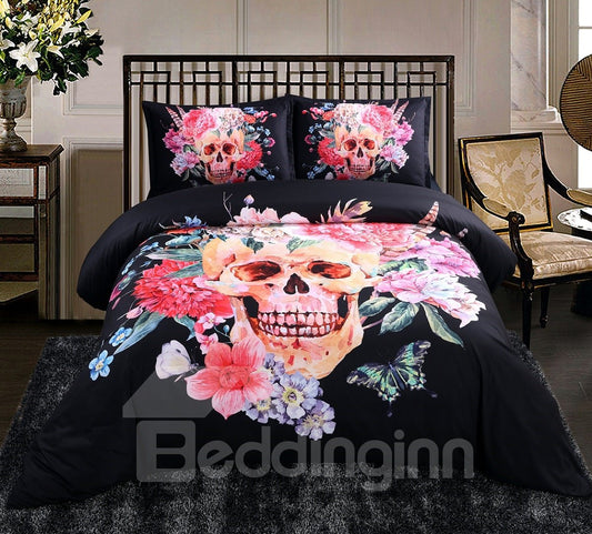 Sugar Skull with Blooming Flowers Printed Polyester 4-Piece Black Halloween 3D Bedding Sets/Duvet Covers