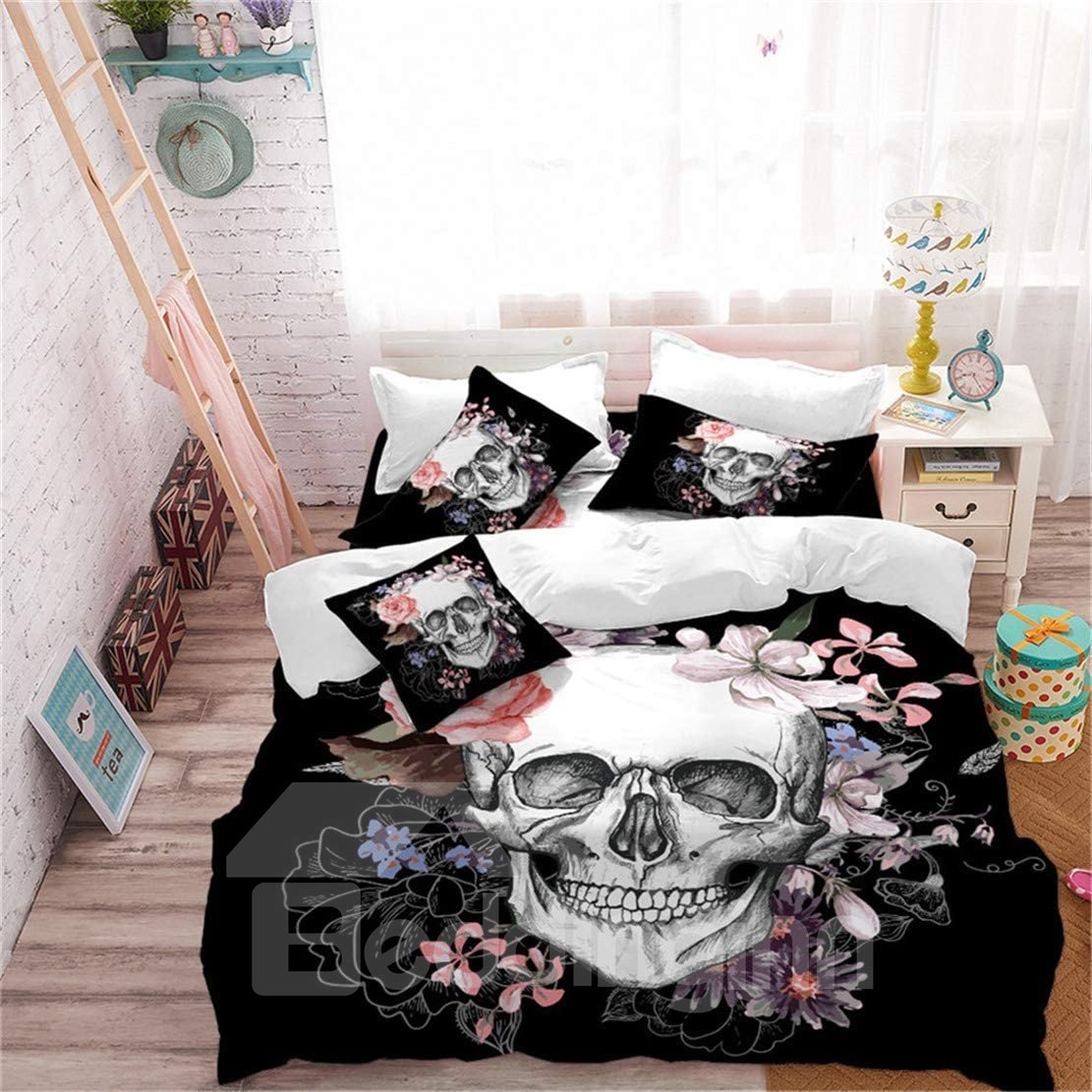 Black Cool Flower Skull Print 5-Piece Comforter Set Halloween Bedding Set Gift