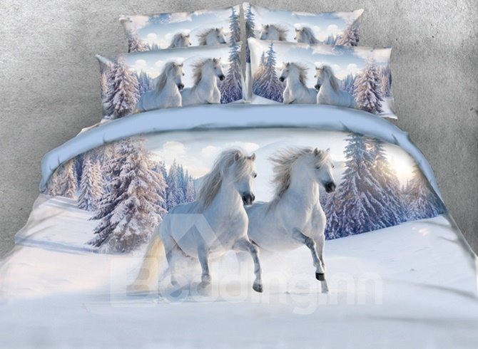 White Horses Printed Polyester 4-Piece 3D Bedding Sets/Duvet Covers
