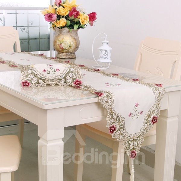Beautiful Rectangle Embroidery Flower Lace Crochet Polyester Table Runner