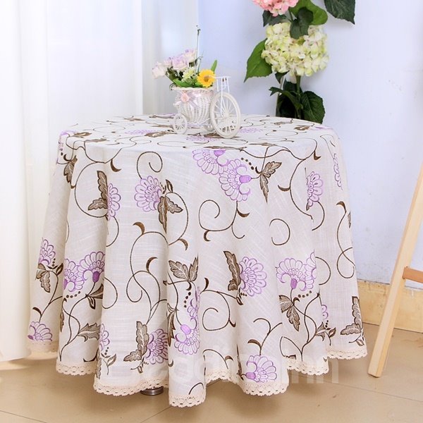Purple Round Polyester Flower Pattern Washable Dining Tablecloth
