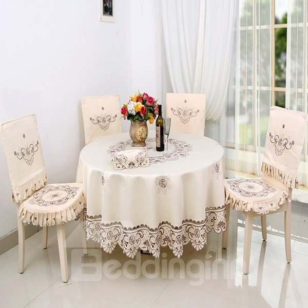 White Round Polyester Brown Embroidery Flowers Pattern Home Decorative Tablecloth