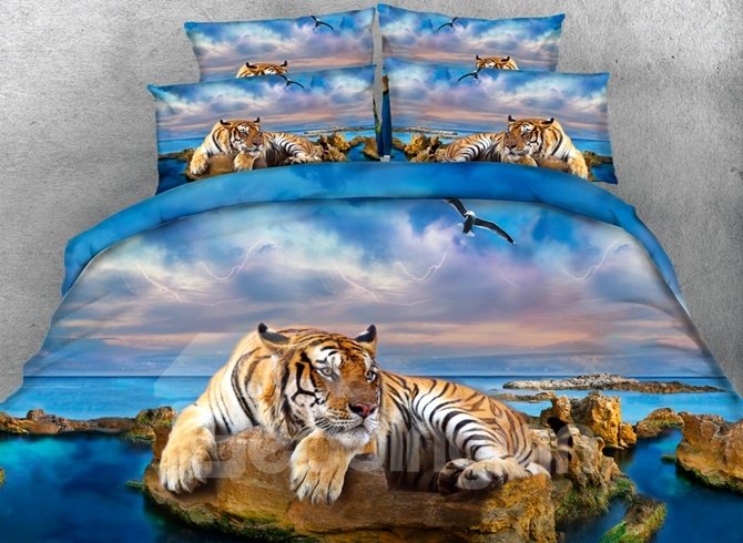 Yellow Tiger and Blue Ocean Printed Polyester 4-Piece 3D Bedding Sets/Duvet Covers