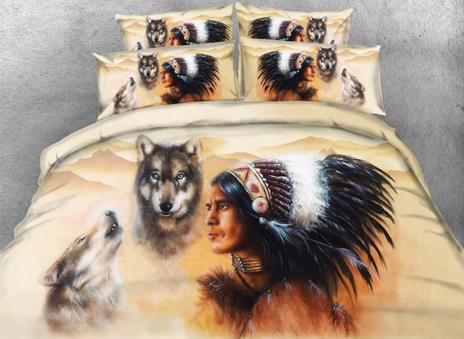 3D Wolf And American Indian Chief Print 5-Piece Polyester Comforter Sets