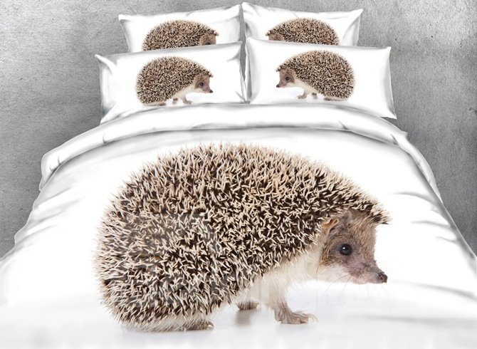 Hedgehog Printed Polyester 4-Piece White 3D Bedding Sets/Duvet Covers