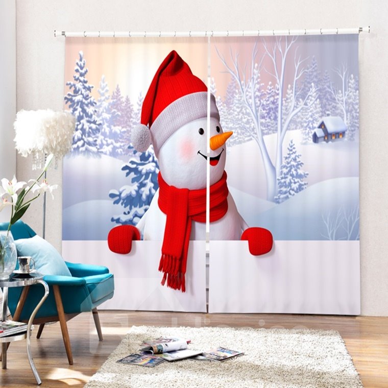 Cute Snowman with Red Scarf and Gloves Smiling Printing Christmas Theme 3D Curtain