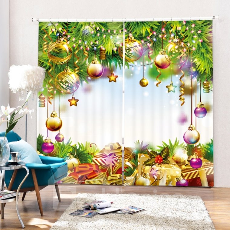 Gifts Under the Christmas Tree with Decors Printing Christmas Theme 3D Curtain