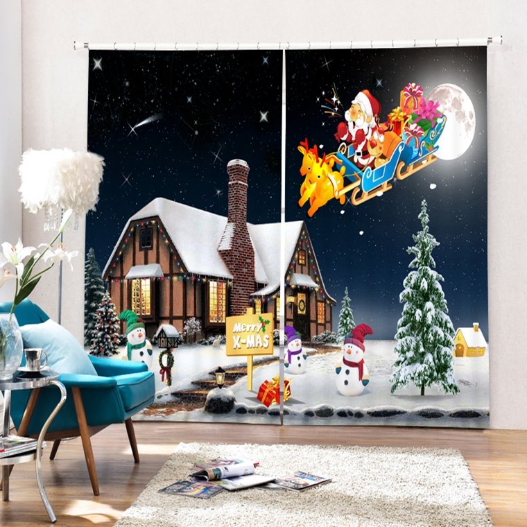 Cartoon Santa Riding Reindeer toward Cabin Printing Christmas Theme 3D Curtain