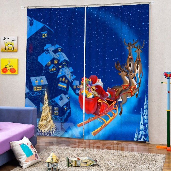 Santa Riding Reindeer in the Snow Printing Christmas Theme Blue 3D Curtain