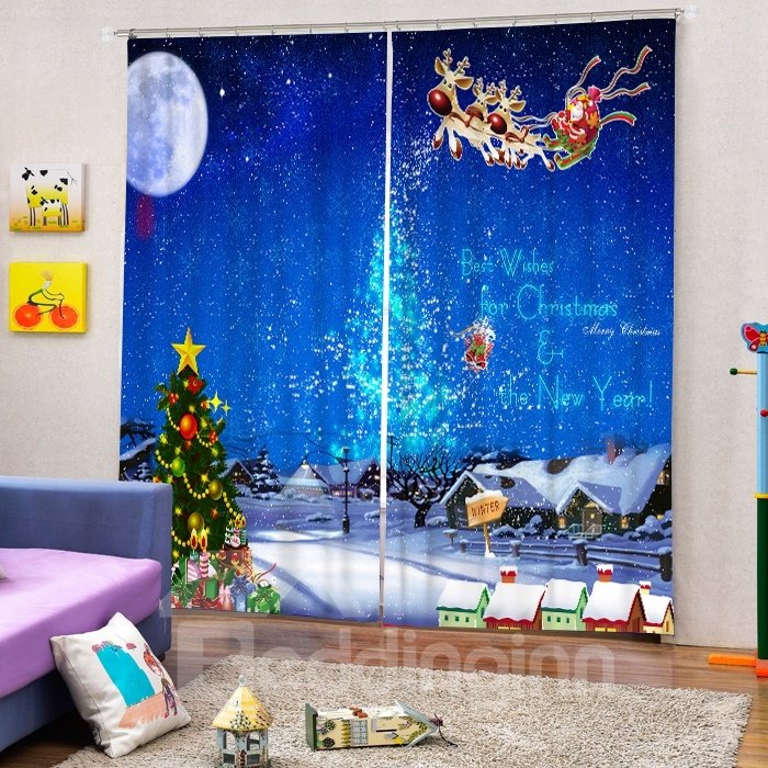 Santa Riding Reindeer in the Sky Printing Christmas Theme 3D Curtain