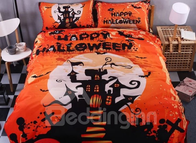 3D Happy Halloween and Castle Printed Polyester 4-Piece Bedding Sets/Duvet Covers