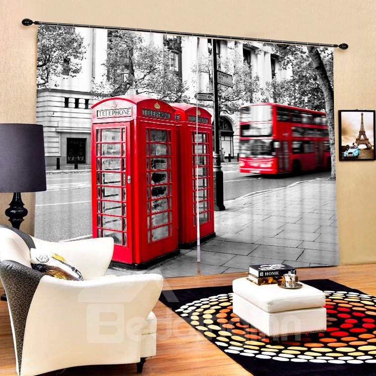 Retro Red Telephone Box and Bus Printing 3D Curtain