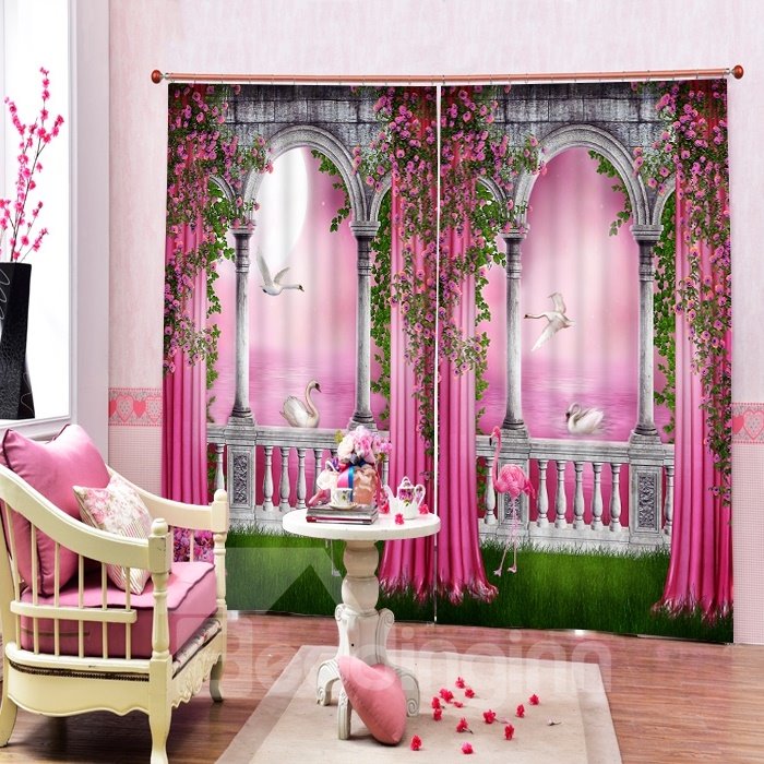 3D-Blumen und Schwäne in rosa Welt, bedruckter romantischer Stil, individueller Vorhang für das Wohnzimmer