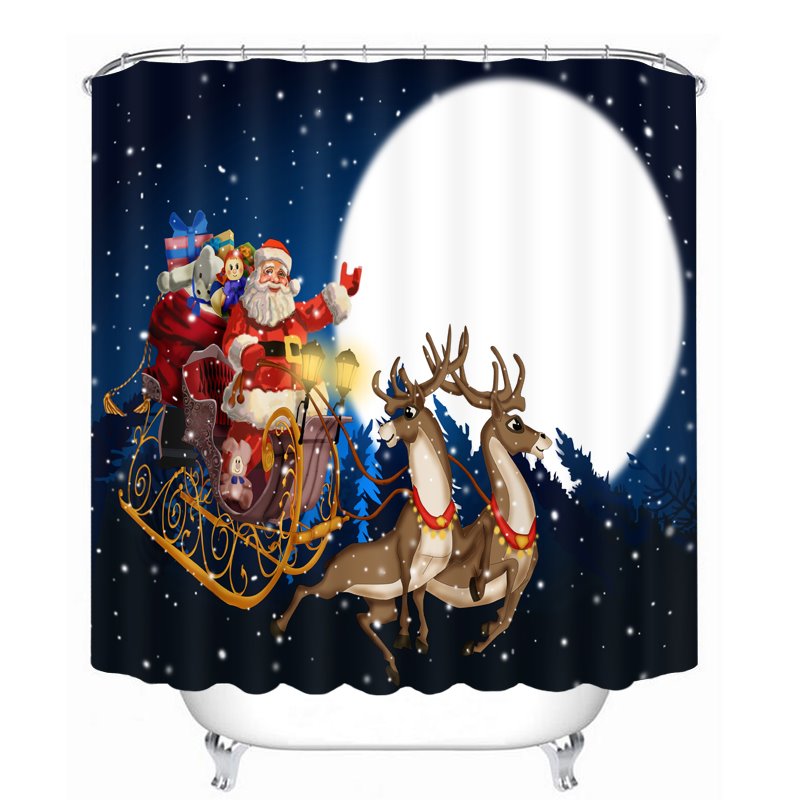Cartoon Santa Riding Reindeer at Moon Printing Christmas Theme 3D Shower Curtain
