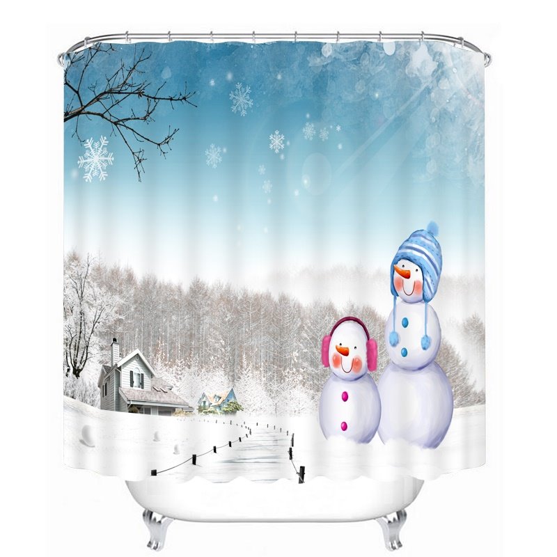 Cute Snowmen in Winter Printing Christmas Theme Bathroom 3D Shower Curtain