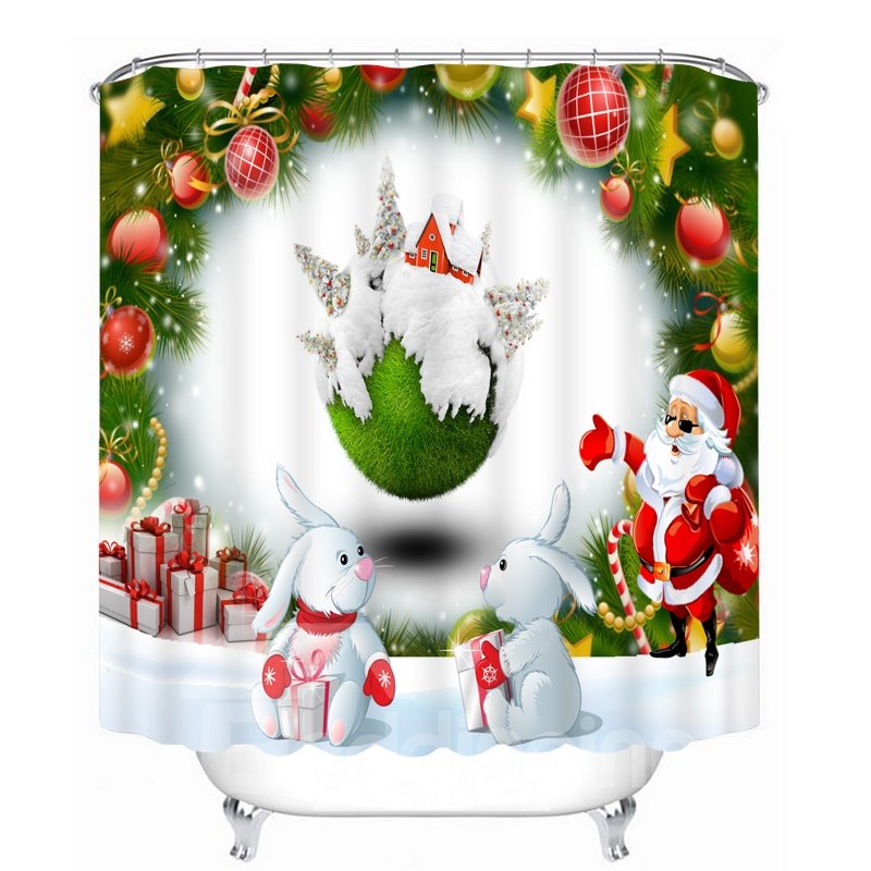 Santa with Sunglasses and Cute Rabbits Printing Christmas Theme Bathroom 3D Shower Curtain