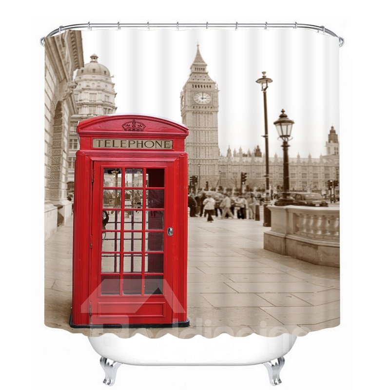Red Telephone Box in London Printing Bathroom 3D Shower Curtain