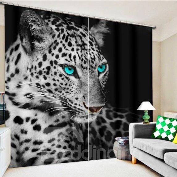 3D Wild Leopard with Bright Eyes Cheetah Printed Thick Polyester 2 Panels Custom Curtain