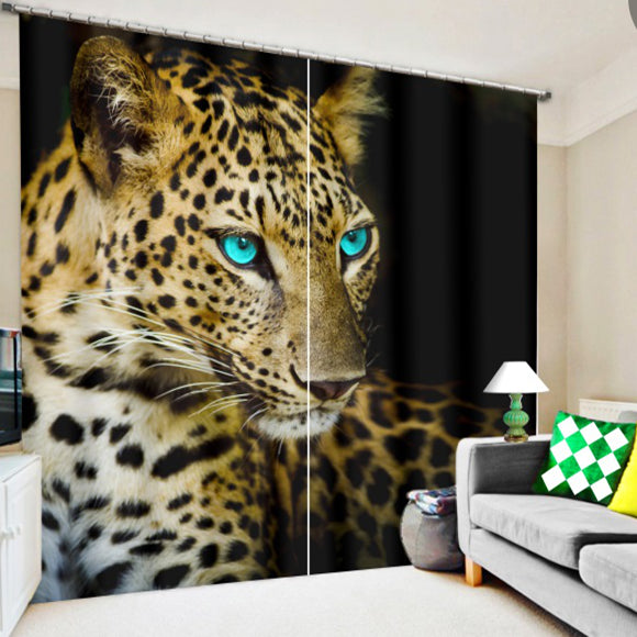 Blue Eyed Cheetah Printed Shading Curtain for Living Room, Wild Animal Theme Polyester Blackout Curtain