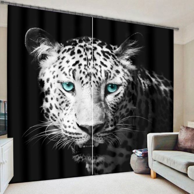 Cortina 3D de poliéster personalizada con estampado de guepardo de leopardo feroz con ojos verdes brillantes en 3D