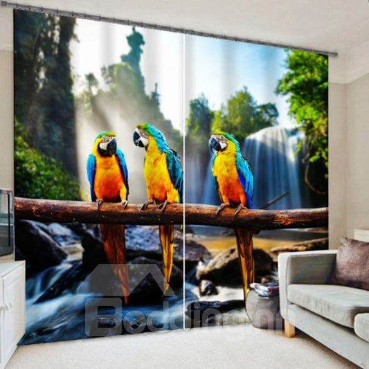 3D Three Colorful Cute Parrots Printed Polyester Cotton Decorative Custom Curtain