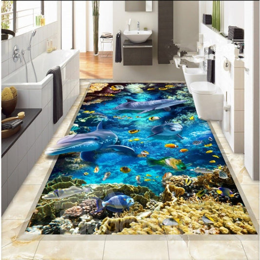 Rectangle Blue Dolphins and Fishes 3D Waterproof Floor/Wall Murals
