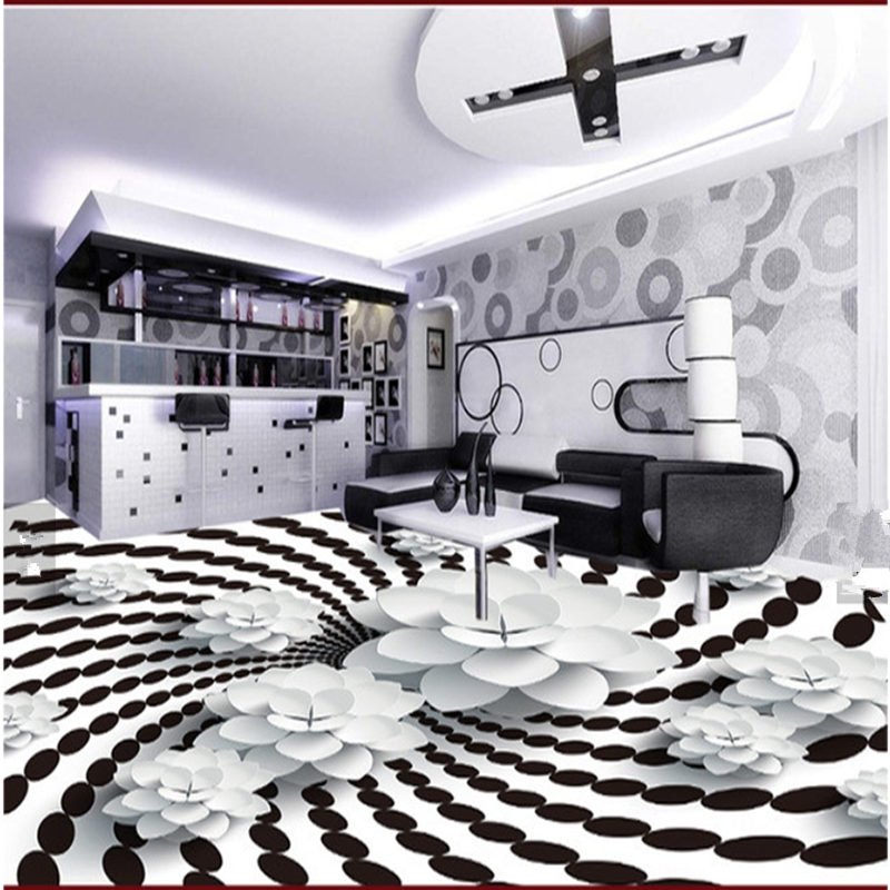 Creative White and Black Spiral Pattern with Flower Decoration Waterproof 3D Floor Murals