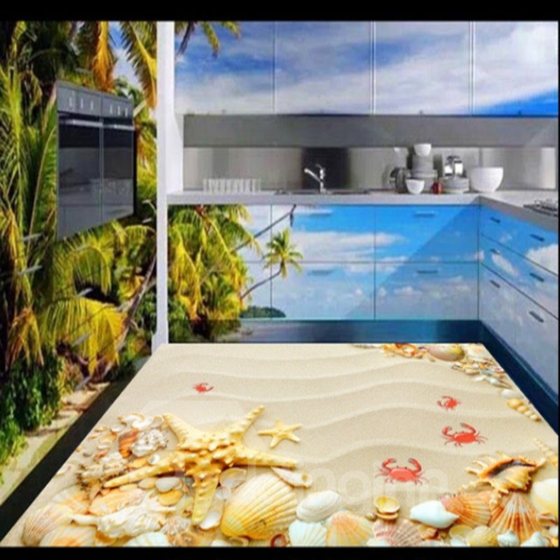 Conchas marinas y estrellas de mar tranquilas en la playa empalmando murales de suelo 3D impermeables