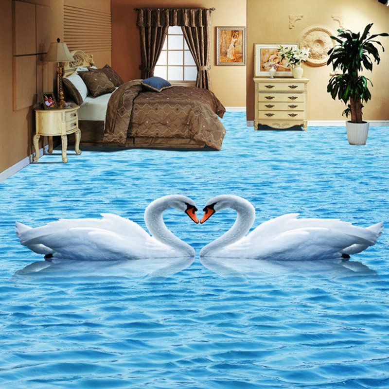 Lovely Romantic Swan Couples in the Lake Pattern Waterproof Splicing 3D Floor Murals