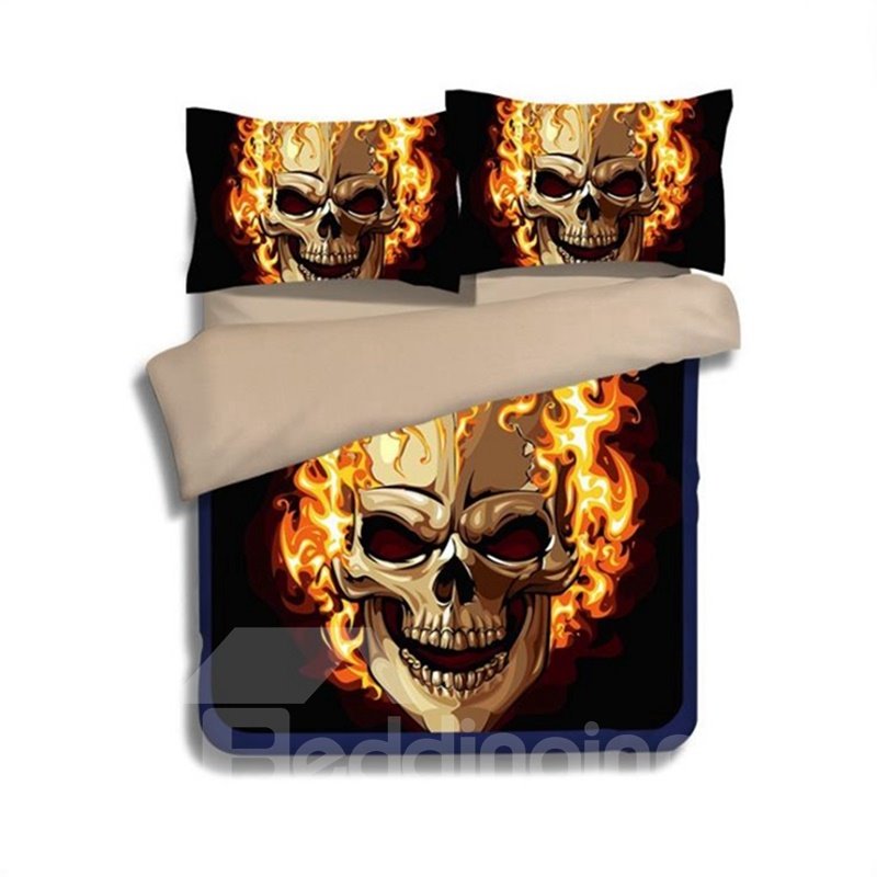 Einzigartige 4-teilige Polyester-Bettbezug-Sets mit goldenem Totenkopf-Print