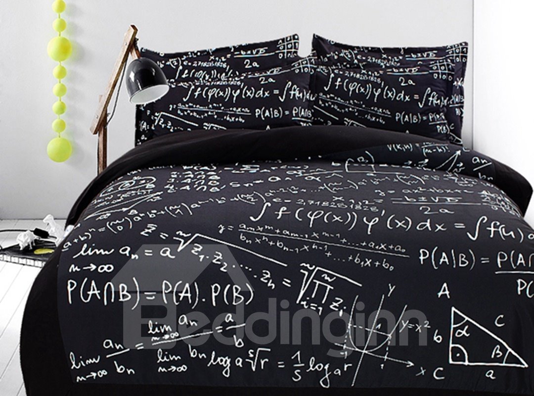 Chic Black Math Equation Print 4-Piece Polyester Duvet Cover Sets Ultra-soft Microfiber No-fading Twin Full Queen