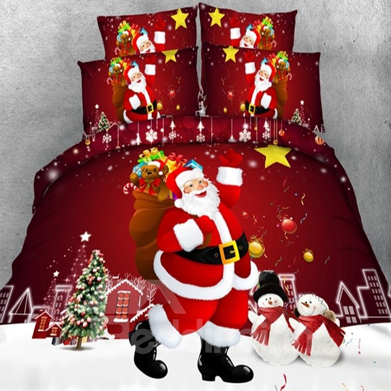 Juego de edredón / juego de cama de 5 piezas con estampado navideño rojo festivo de Papá Noel Poliéster