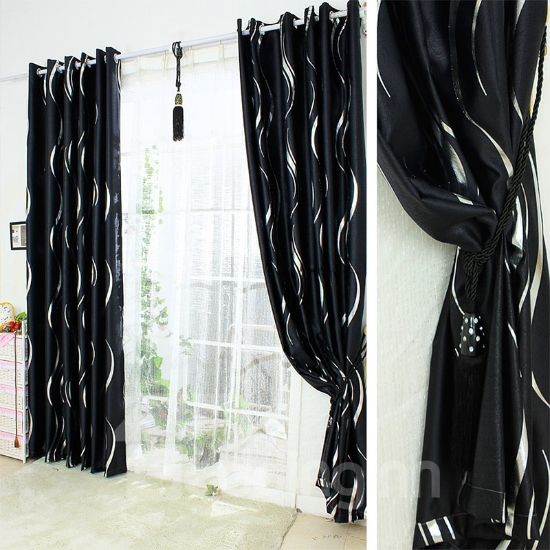 Contemporary Concise Black with White Wave Printing Blackout Custom Curtain