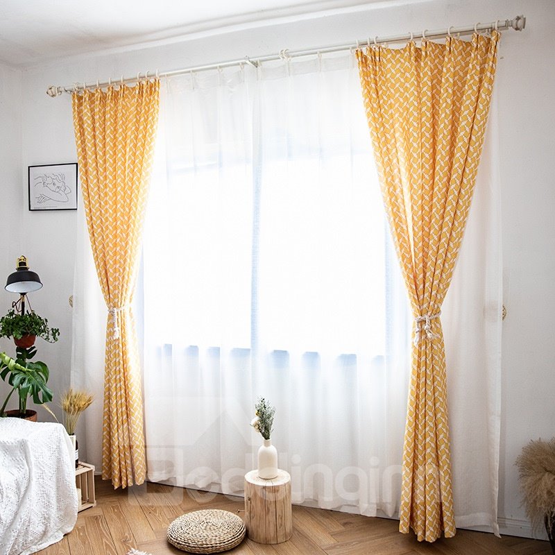 Impresión de rayas amarillas contemporáneas Mezcla de algodón y lino Apagón Pliegue doble personalizado Tasa de sombreado del 60% Buen efecto a prueba de rayos ultravioleta con ganchos gratis