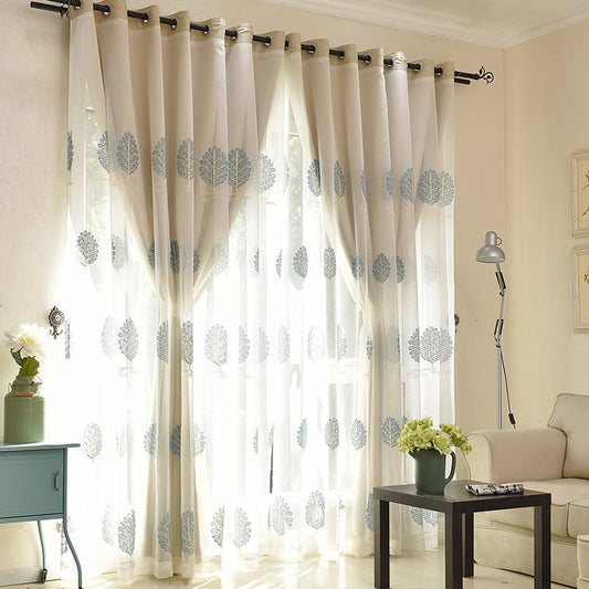 Blue Leaf Embroidered Sheer and Beige Cloth Sewing Together Window Decoration Custom Curtain