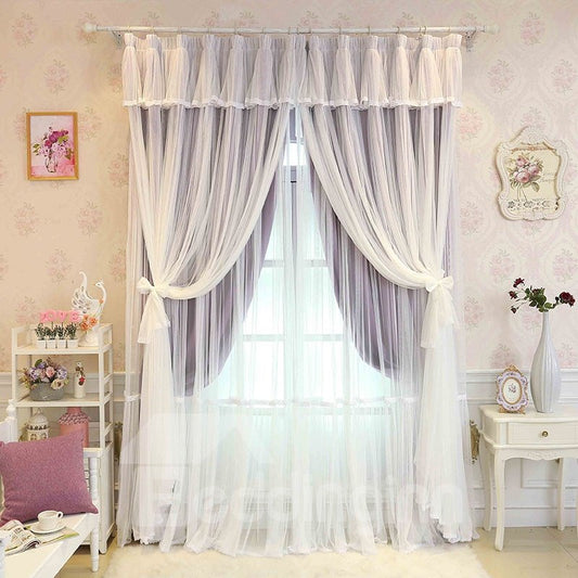 Princess Style Purple Sheer and Cloth Sewing Together Blackout Custom Curtain