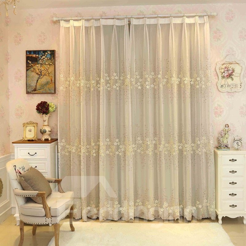 Rustic Floral Embroidery Sheer and Beige Cloth Sewing Together Curtain Sets