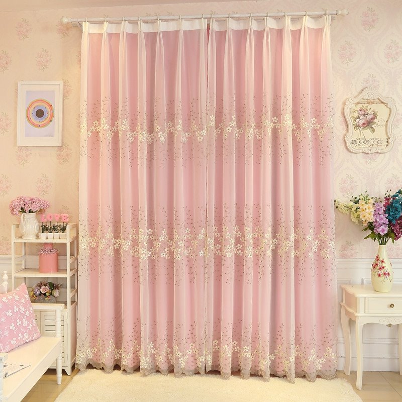 Rustic Floral Embroidery Sheer and Pink Cloth Sewing Together Curtain Sets